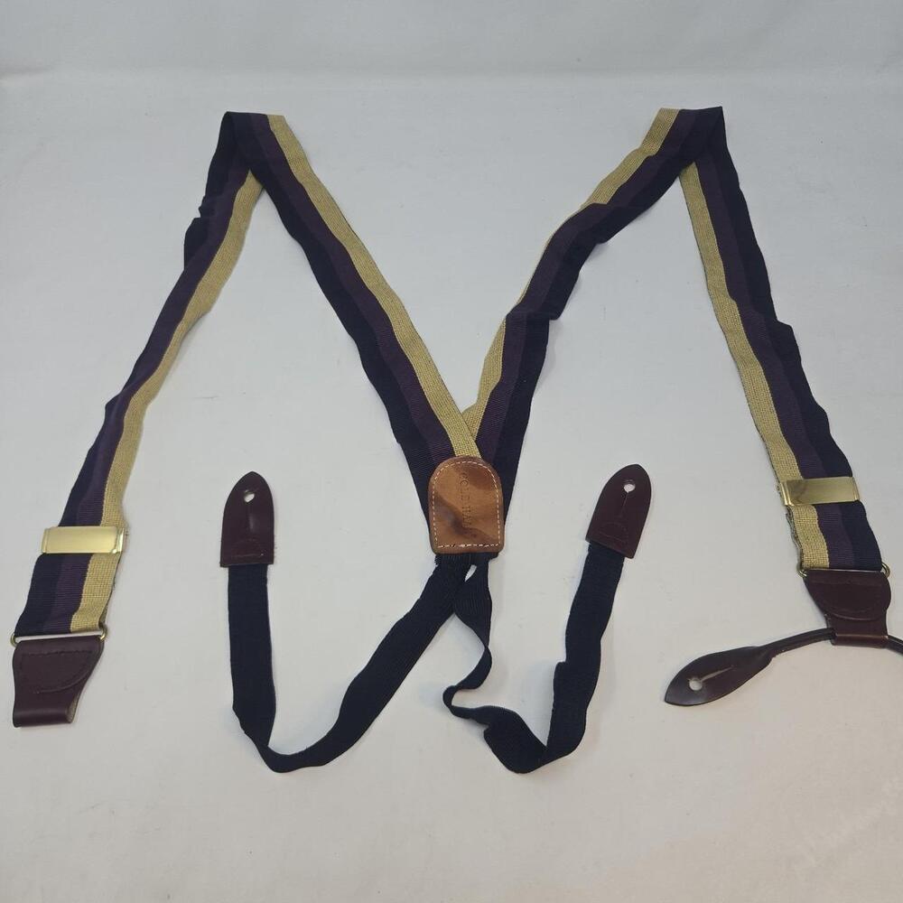 Cole Haan Men's Suspenders Striped Navy Purple Y-Back Button Braces Solid Brass